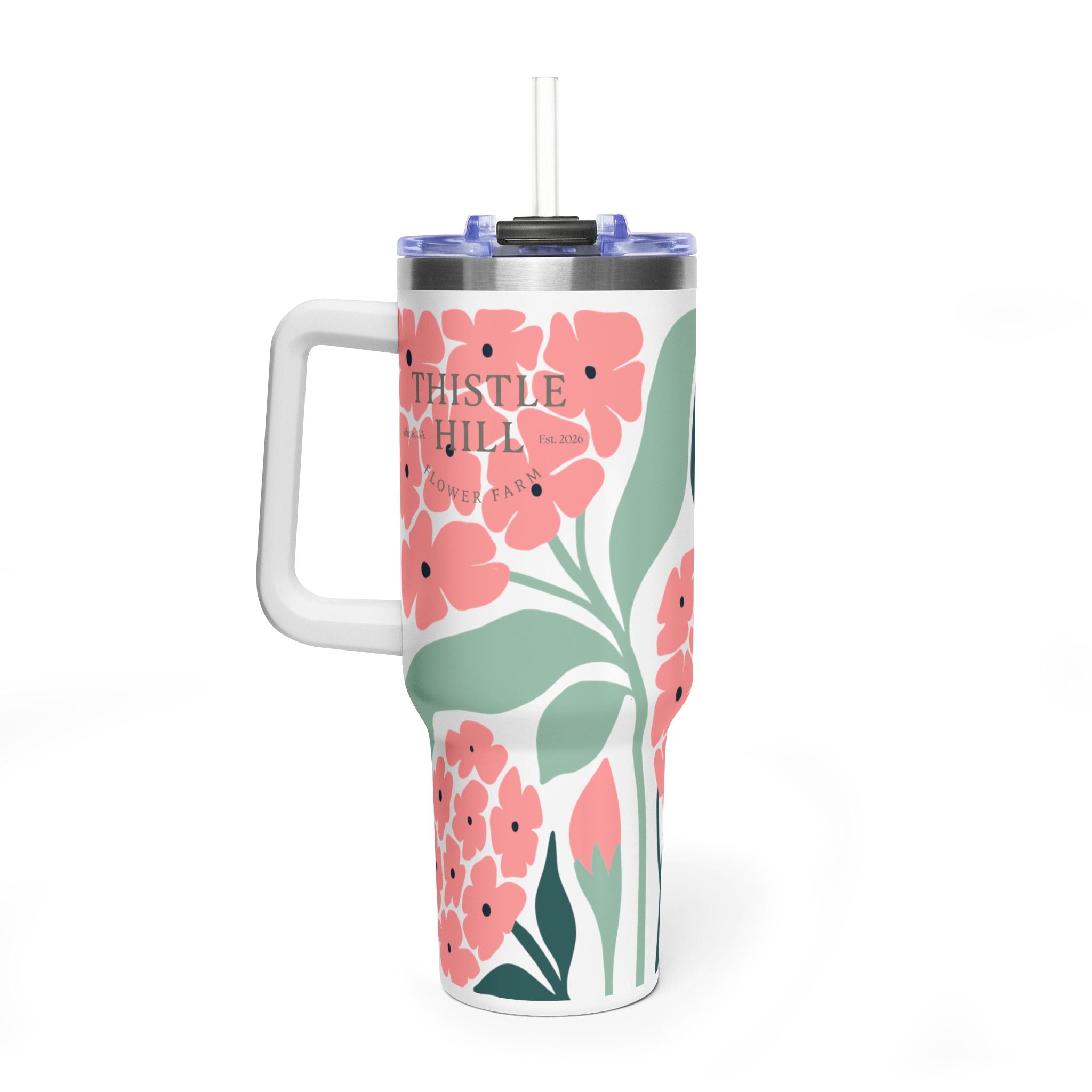 40oz Thermal Tumbler — Pink Hydranga Insulated Travel Cup